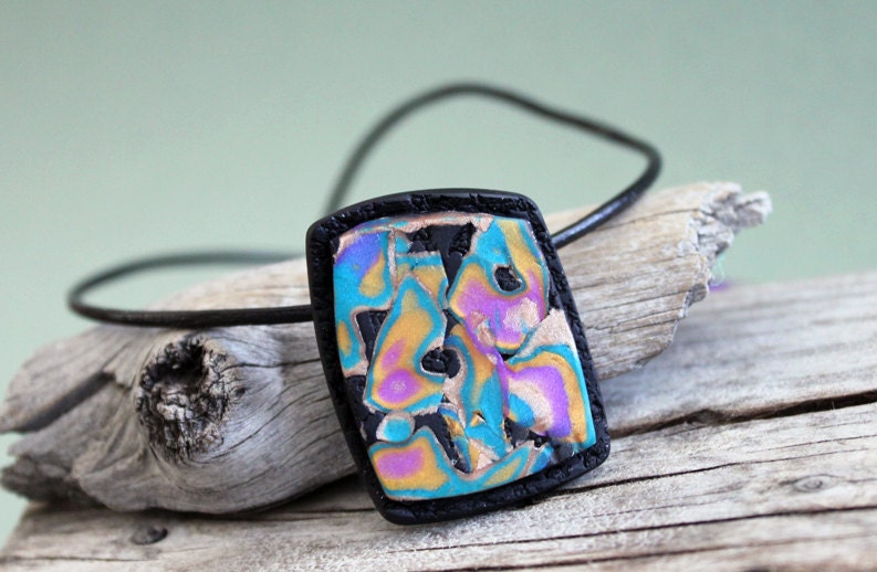 SALE. Polymer clay pendant. Leather necklace choker.  Colorful mokume gane jewelry. Abstract. Square. Patchwork