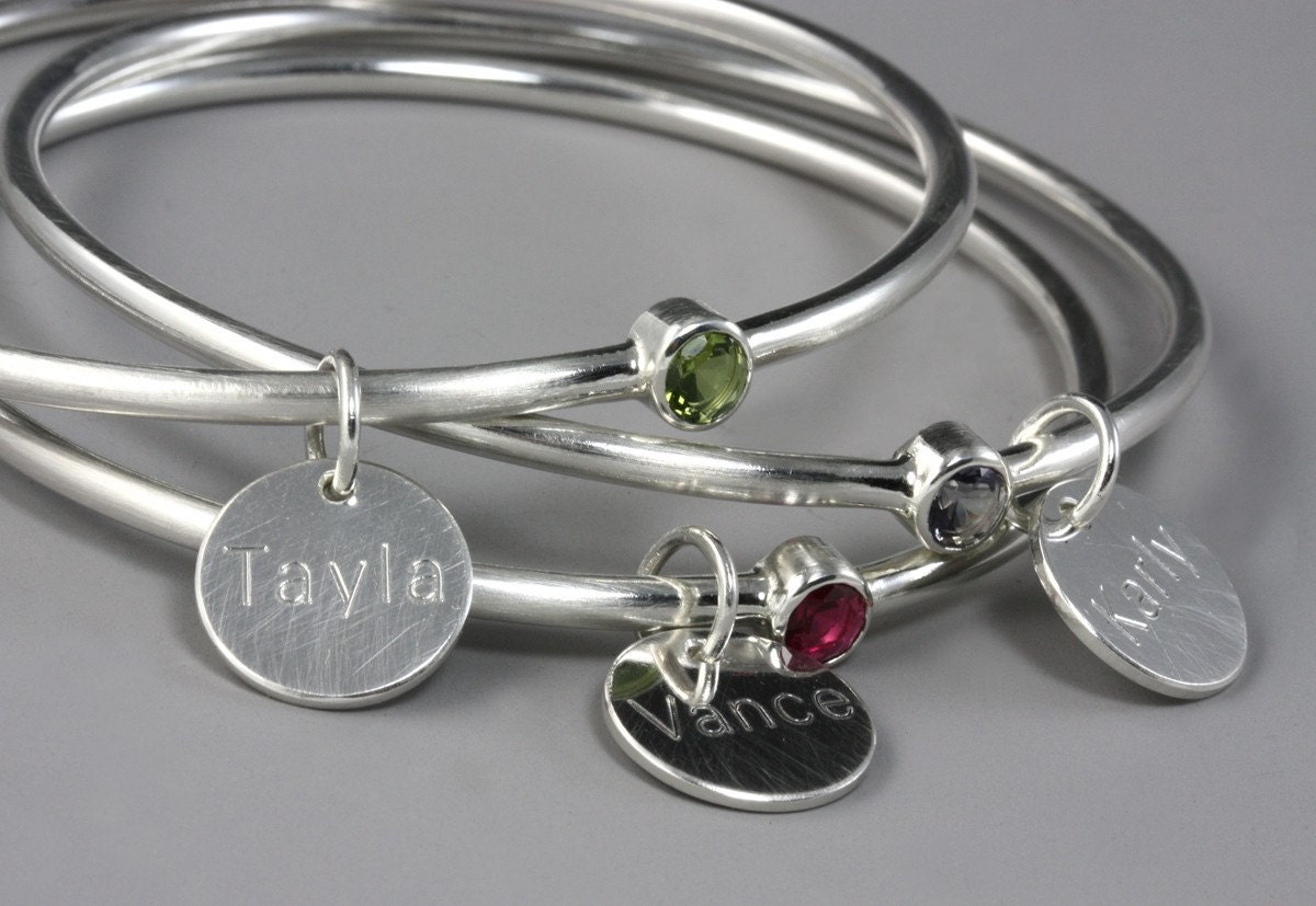 Sterling Silver Birthstone Bangle - Gemstone Bracelet - Single-Sided Engraved Name Tag - Modern Bracelet - Mothers Gift - Made to Order