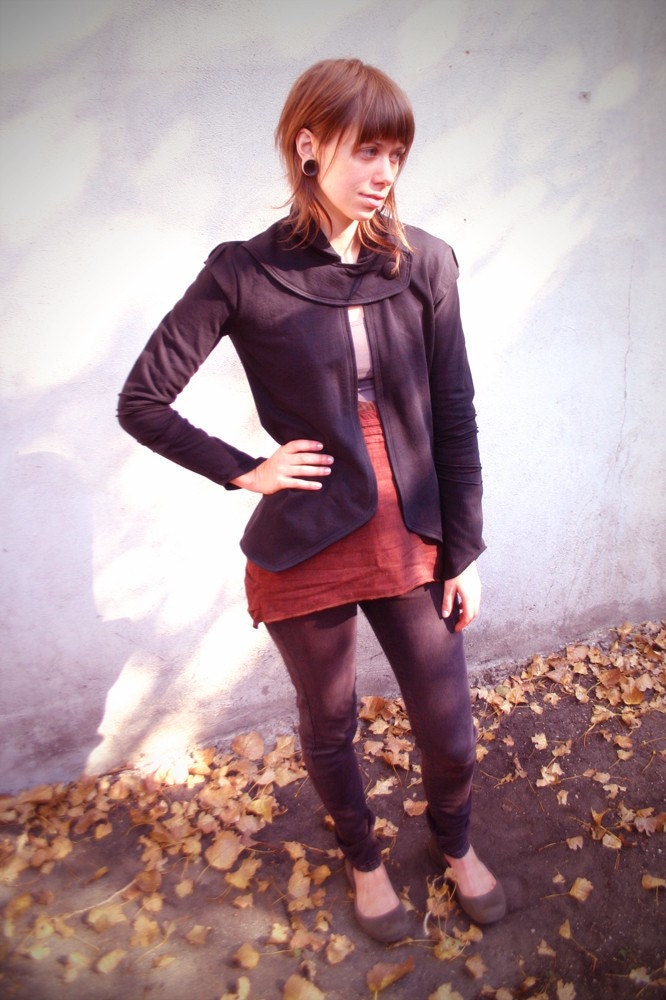 ON SALE-GALLO-Riding Jacket w/ Asymmetrical Button Closure-Black Organic Cotton Sweatshirt Fleece