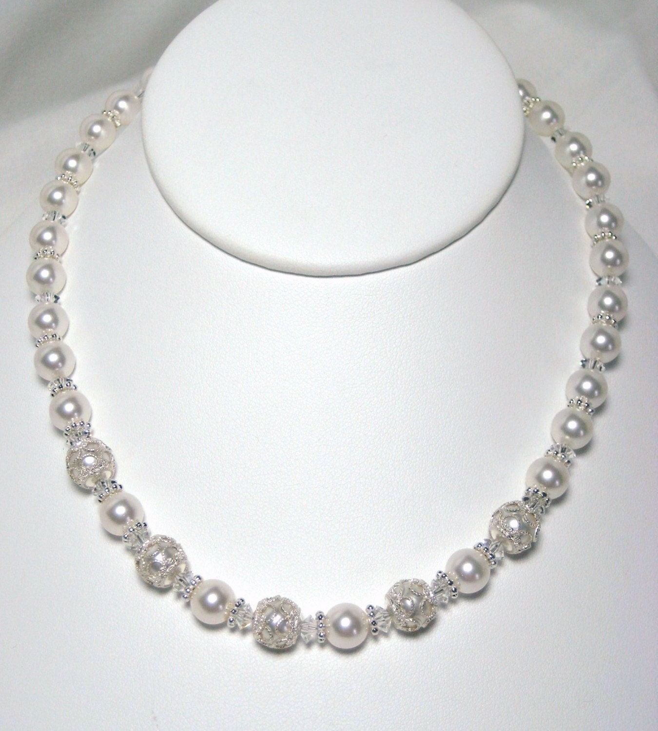 Filigree Bridal Necklace, Victorian Inspired Wedding Necklace, White Swarovski Pearls, Crystals, Sterling Silver, Single Strand