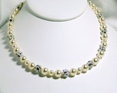 Ivory Pearl Bridal Necklace, Swarovski Rhinestone Balls, Fireballs, Sterling Silver, Bridal Jewelry, Wedding, Handmade