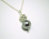 Bridal Necklace, Light Grey Pearl Pendant Necklace, Pearl and Rhinestone Necklace, Swarovski Sparkle Pendant Rhinestone Ball Handmade