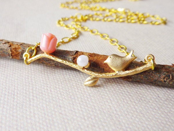 Petite Bird on Gold Branch Necklace. Wedding Necklace. Bridal Jewelry. Bridesmaid Gift.