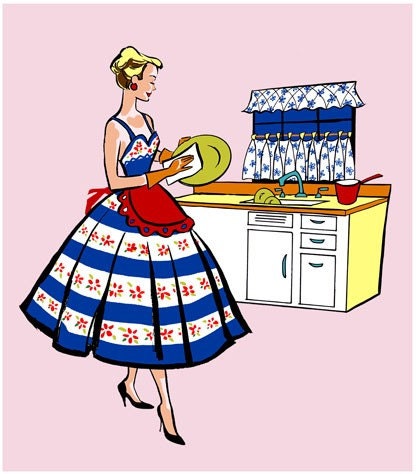 Mid century, retro, 8x10, kitchen art, dining room print, 50's, fashionista, drying dishes, sink