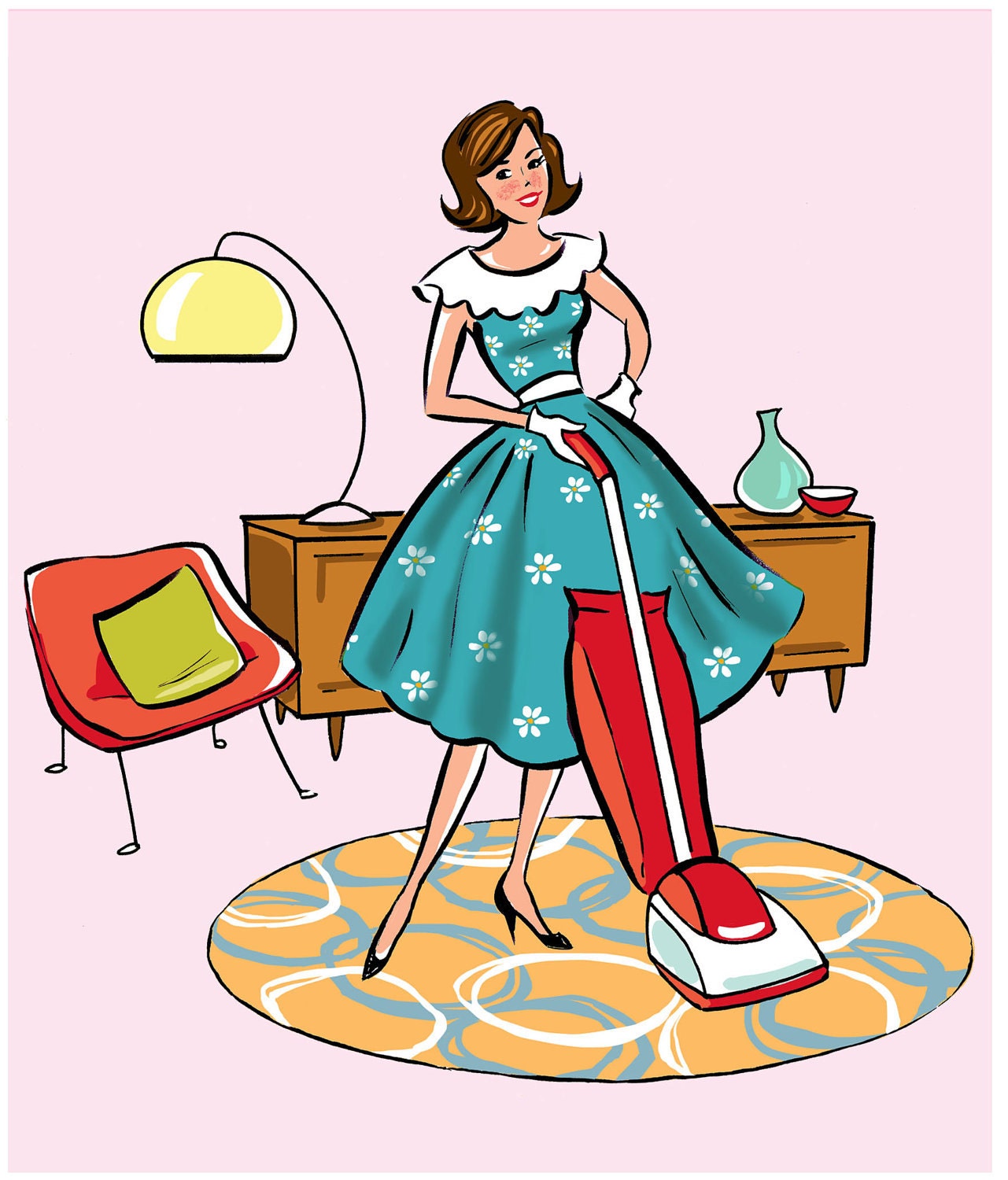 Retro Mid-Century Fashionista Vacuuming, 8x10 Print