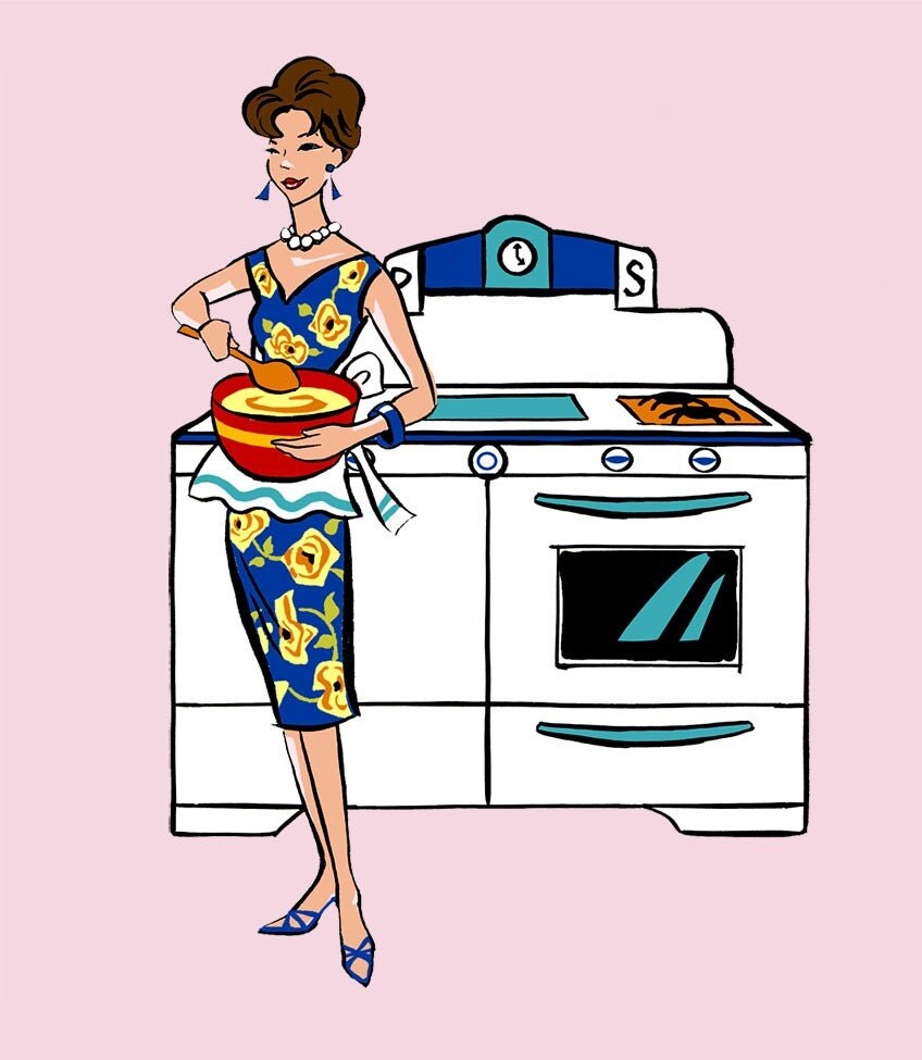 Kitchen art, retro print, 8x10, Cooking, Baking, Mid Century, Kitchen, pink, fifties