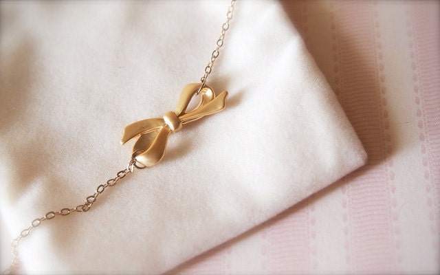 A Pretty Bow -- Gold Charm Necklace - Whimsical Feminine Girly, Perfect for All Ages, All Occasions, Lovely Girl's Gift