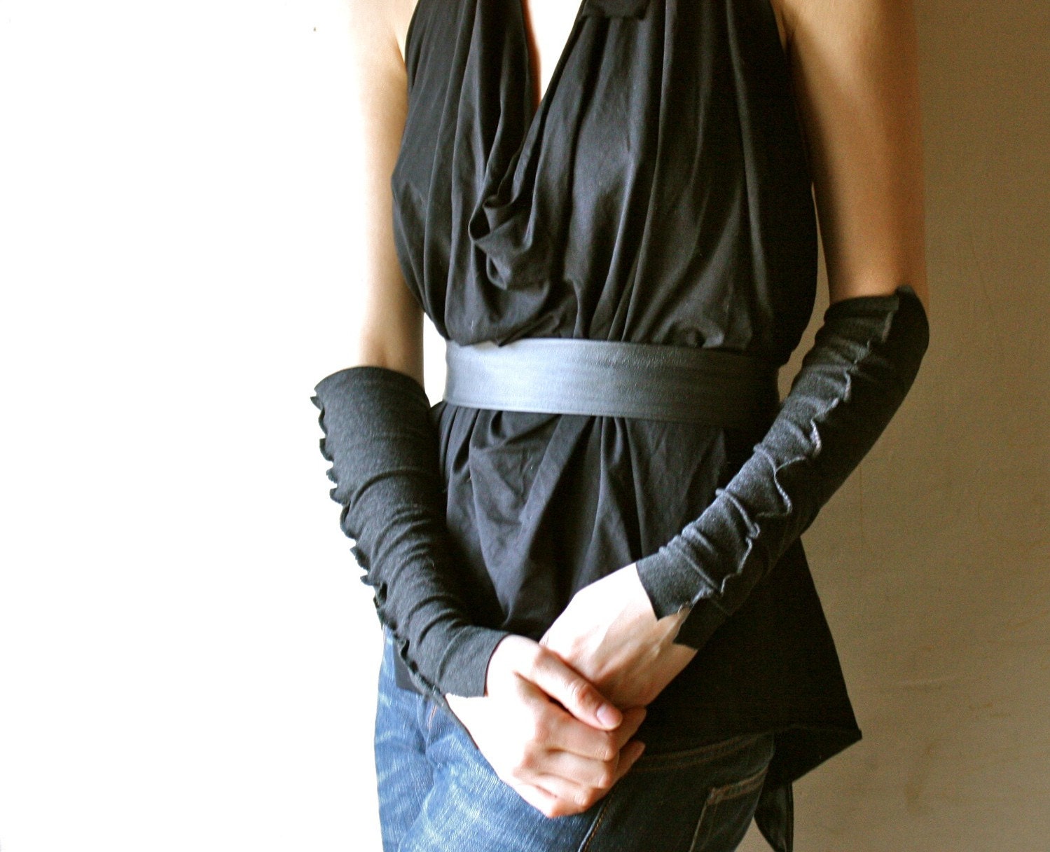 Fingerless Gloves - jersey arm warmer cuffs in Black- Dragon gothic gloves