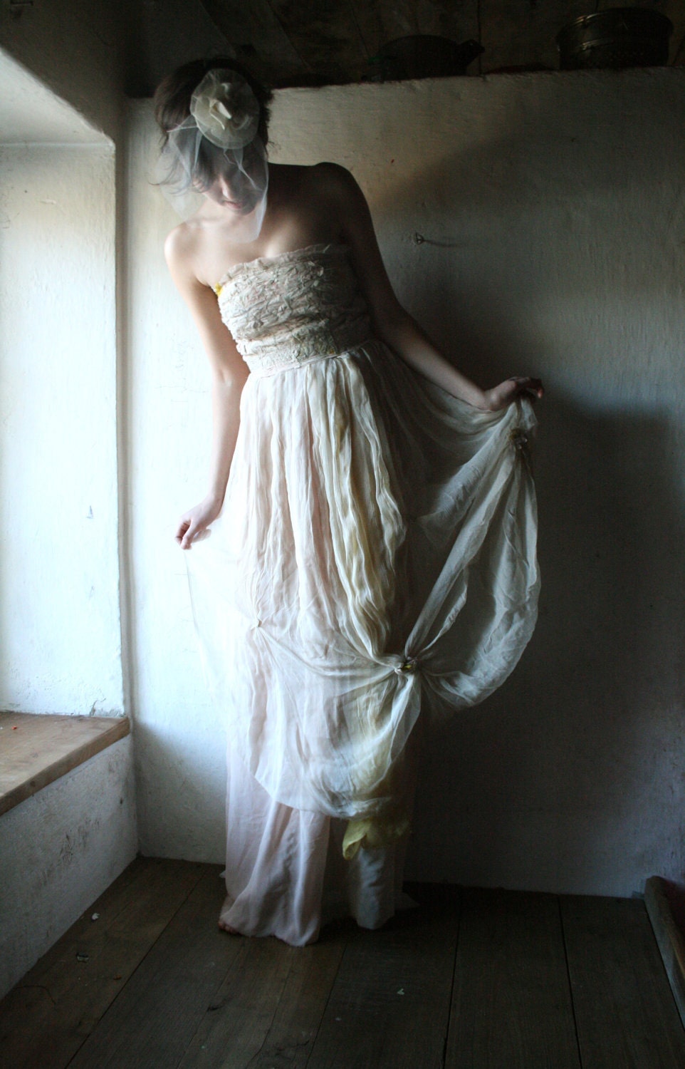 Chiffon Wedding dress in Ivory and blush pink - 100% silk hand dyed long gown - Custom Made