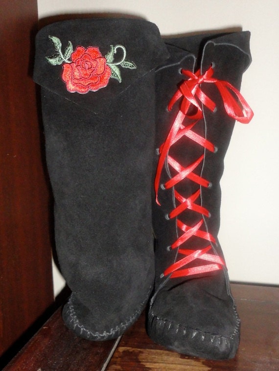 Elf Boots/ Handmade moccasins Black w/ Rose red satin Laces  ORDER YOUR SIZE