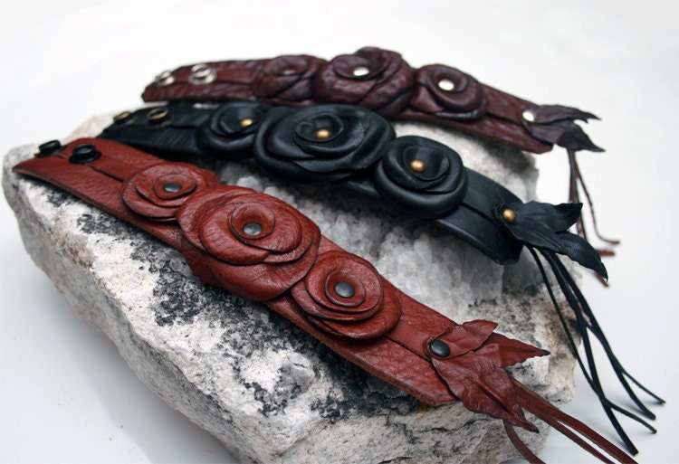 Autumn Rose Leather Cuff - Choice of Color Leather and Hardware - Part of the Rosa Collection of Leather Accessories