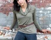Stella - women's long sleeve top with loose cowl in khaki bamboo jersey