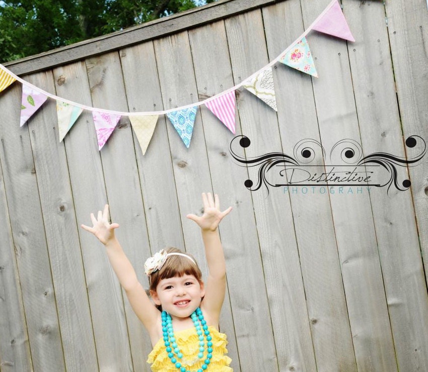 Fabric Bunting in Bright Shabby Chic Prints, One of  a Kind Banner, Photo Prop. 13 Medium Sized Flags. Wedding Decor, Garland Bunting.