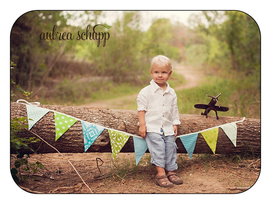 Fabric Flag Bunting, Ready to Ship Prop, Banner. Boy's Surprise Blues and Greens Designer's Choice Banner. Large, Double Sided Flags.