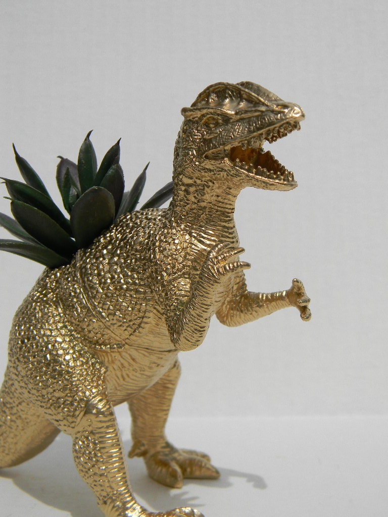 Gold Dinosaur Planter for Succulent Plants Fun Office Decor