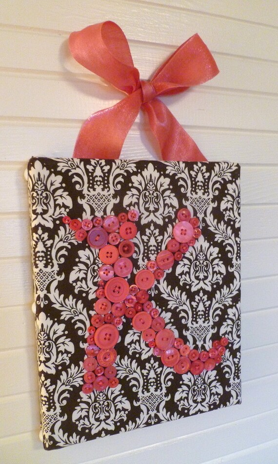 Nursery Button Letter Wall Art, Personalized Baby Girl Nursery Letters on Canvas, Hot Pink and Chocolate Brown, Shower Gift