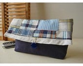 Makeup Bag, Madras Plaid Linen Clutch, Blue and Black Clutch Purse, Bridesmaid Gift, Cosmetic Summer Travel Bag, Gift Under 25 tagt