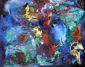 Abstract painting, fine art original, deep blue ultramarine with teal, warm red and yellow, 16.5 x 19.3