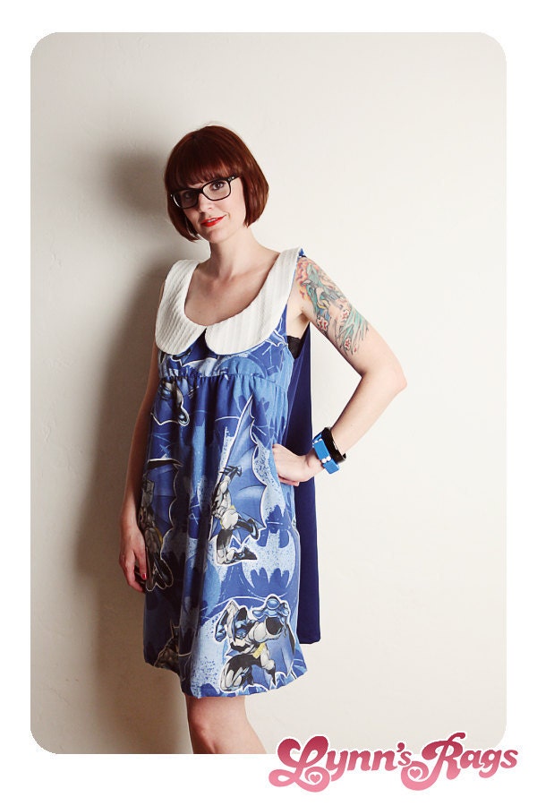 BATMAN Blue Tent Dress DC Comic Hero Handmade Peter Pan Collar