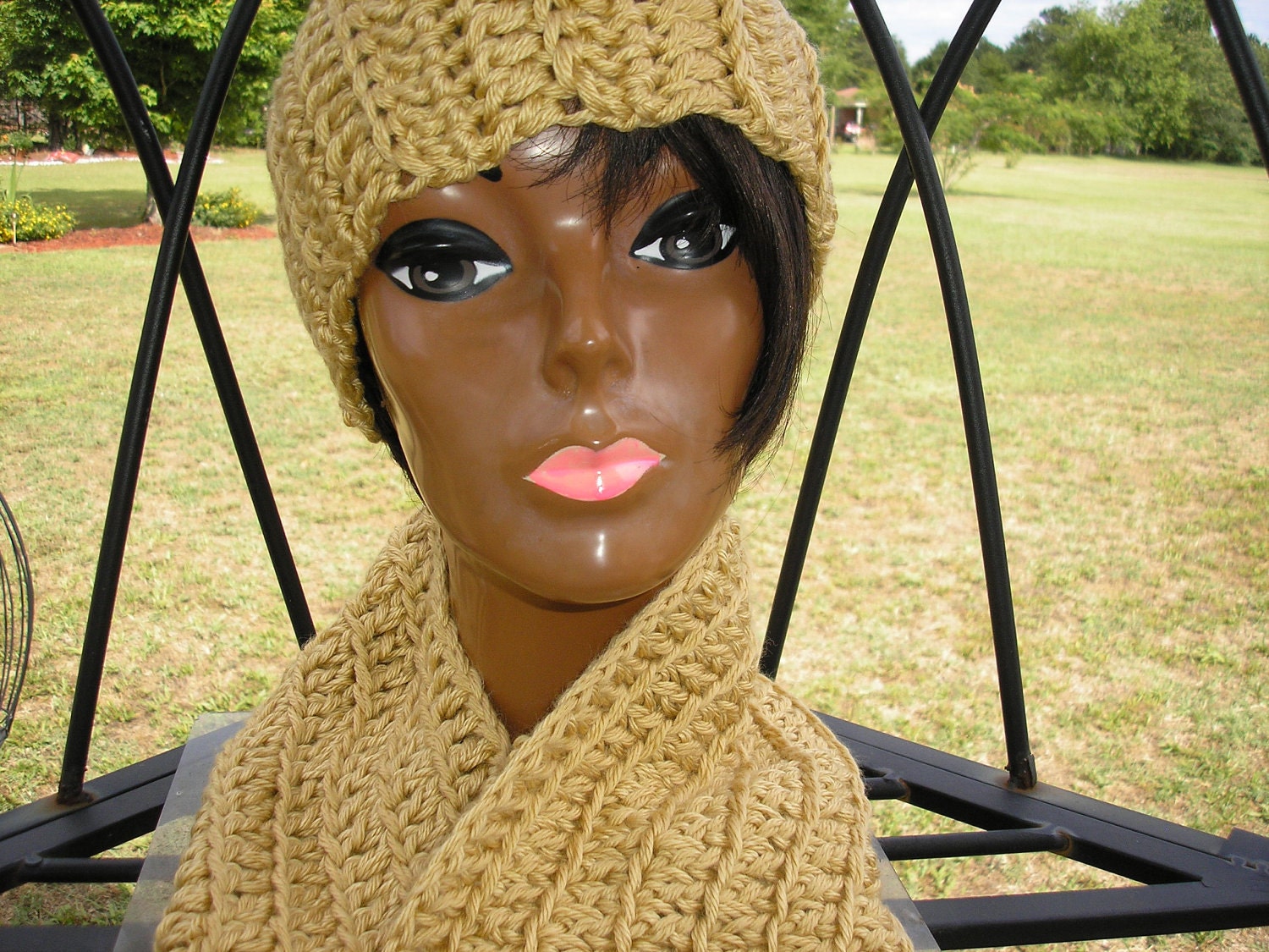Adult size, Crochet  Golden  Infinity Scarf with matching Earwarmer , Fall Accessory