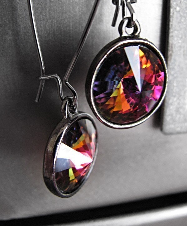 Kaleidoscope - Swarovski Rivoli Crystal Earrings, Rainbow Colors, Multicolor Crystal, Black Gunmetal Bezel Settings - Modern Jewelry