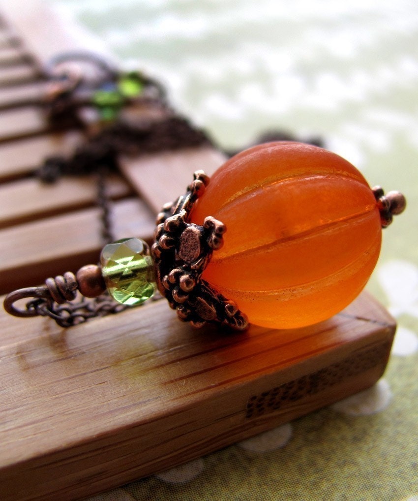 Vintage Orange Pumpkin Necklace - Long Antiqued Copper Chain, Halloween Pumpkin Jewelry, Thanksgiving, Vintage Style Halloween Necklace