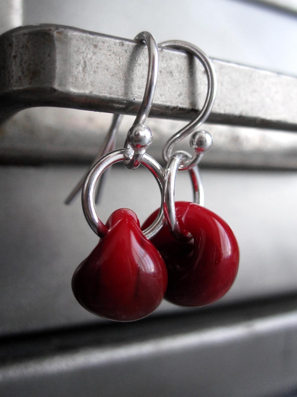 Blood Red Glass Drop Earrings, Small Red Lampwork Glass Bead Earrings, Sterling Silver, Simple Minimalist Modern Contemporary Jewelry