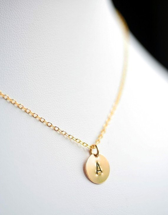 Personalized Petite Initial in 14K Gold Filled - Hand Stamped Disc Necklace