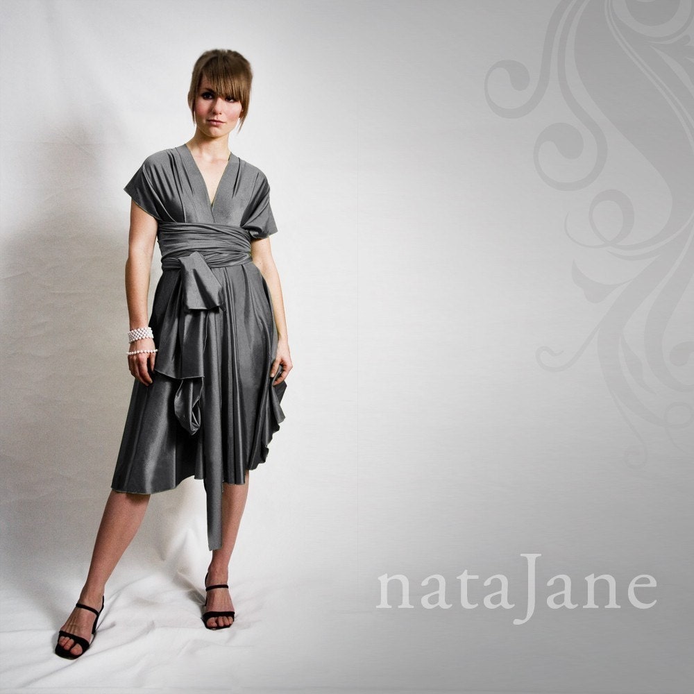 Coda wrap dress in one colour, shiny, tea length