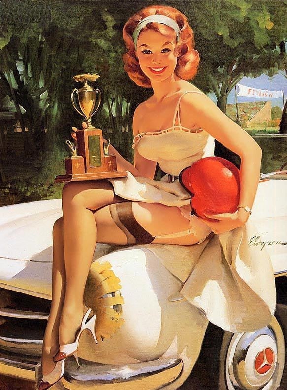 Sale ELVGREN FAST LASS pin-up Mercedes sl stock race car pinup stockings garters trophy pinups