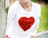 Size 2t, 4, 6, 10 Long Sleeve White Shirt with Flower Rosettes Heart with Red Paisley Ruffle by Silly Nilly