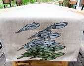 School of Squid Table Runner - medium - green-blue on natural linen