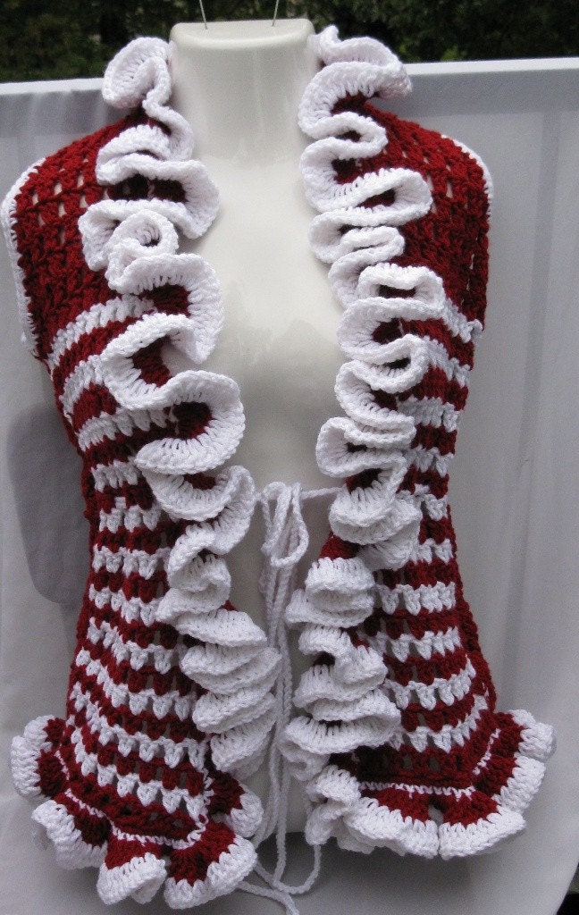 Crochet vest, Burgundy Ruffled, festival vest, gypsy clothing, Boho chic