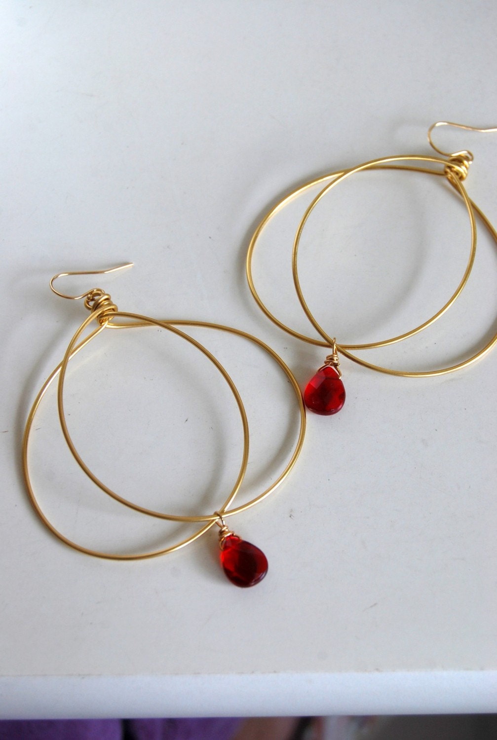 Large hoop earrings, Chic and Unique style, with red glass