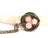 Birds Nest Necklace, Gift For Mom, Grandmother, Expectant Mother, Brass With Pink Eggs