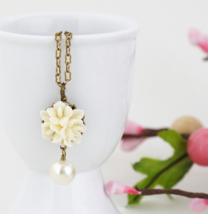 Ivory Flower Necklace - Bridal Jewelry - Ivory Glass Bead - Brass Chain - Delicate Jewelry, Mothers Day Gift