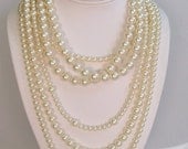 6 Strand Layered Pearl Necklace, multi layered necklace with drapping strands, drape, butter, ivory, cream