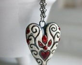 Ceramic White, Black and Red Heart Pendant necklace Free USA Shipping