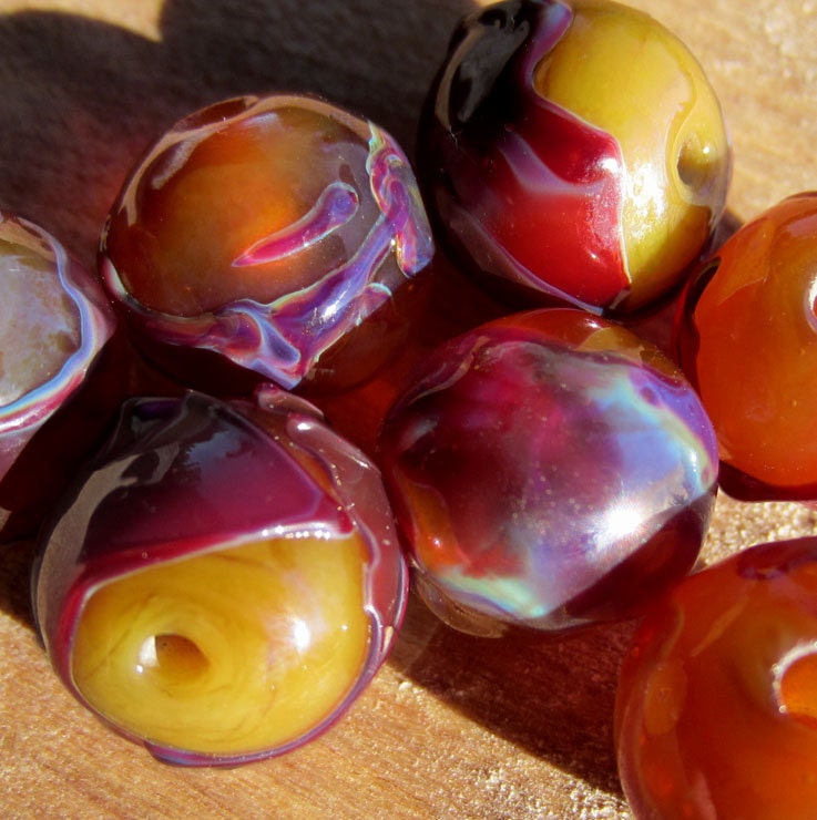 Handmade Lampwork Glass Beads with Silvered Glass Shards yellow plum periwinle magenta