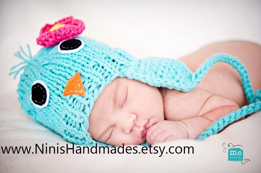 Knitted BIRD FLAP Beanie, Earflap hat, Aqua Hat, Bird hat, animal hat, newborn photography, baby accessories, childrens clothing,  boy hat,