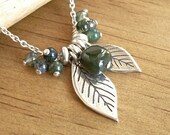 Forest Leaves Necklace woodland nature cluster of green jasper moss agate natural stones handmade charms on .925 sterling silver chain