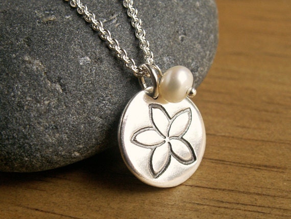 Small Plumeria Charm with Pearl Necklace white flower unique handmade recycled fine silver disc charm on sterling chain