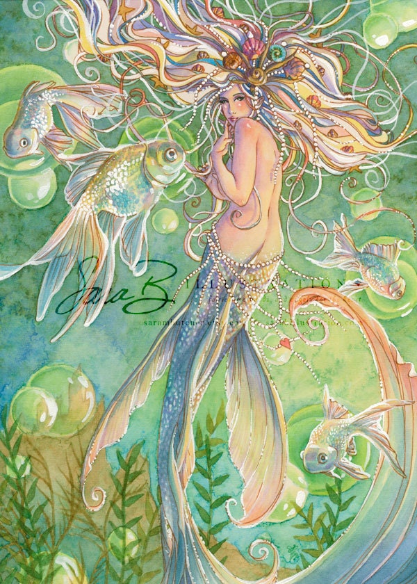 Mermaid Art Print - Rainbow with Pearls and Seashells