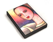 Fridge Magnet, Medieval Girl Art Print on Wood, ACEO ATC, Artist Trading Card, Original Art Print Pink Black