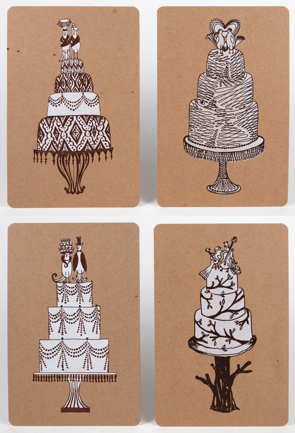 4 WEDDING CAKE with Bird Toppers Hand Printed Letterpress Cards/Prints
