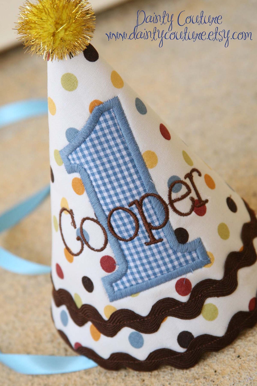 First Birthday Hat - Brown, blue, red, and yellow - Polka dots and gingham - Free personalization