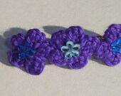 violet hand made crochet flowers with light blue and dark blue sparkle sequins barrette hair clip