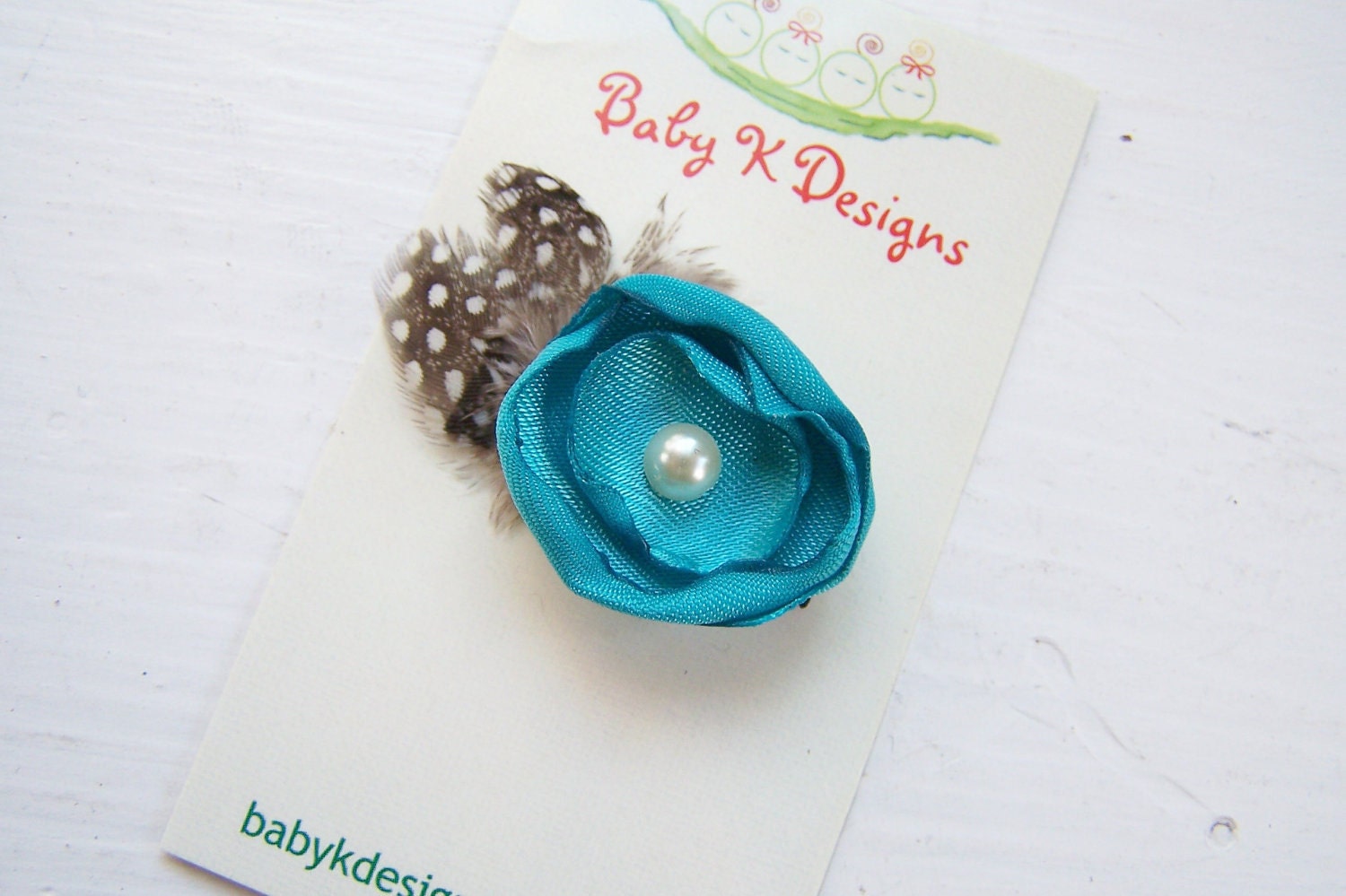Newborn Clip / Infant Clip / Girls ANISTON  Hair Clip Satin Flower and Feather In Teal / Baby Bow /