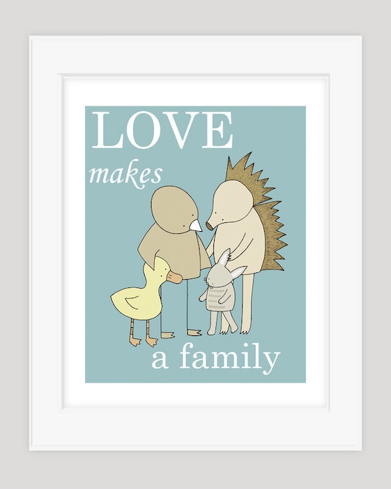 Baby Boy Nursery Art, Adoption Art, Animal Nursery, Love Makes a Family, Art Print, Kids Wall Art, Baby Nursery Decor
