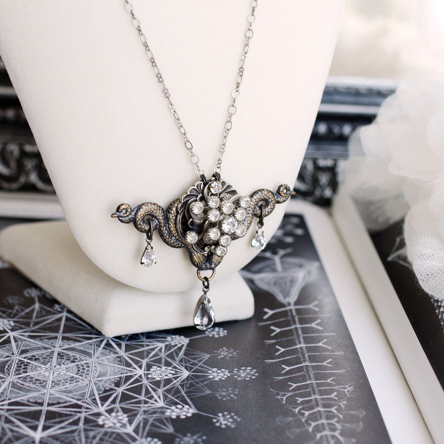 sea serpents necklace with vintage crystal centerpiece